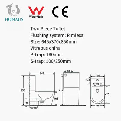 European CE Square Close Coupled Toilet Rimless Water Closet 645*370*850mm